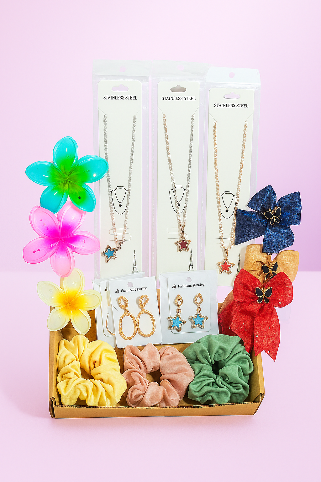 PresentsySoul Premium Accessory Set – Stylish Combo of Clutchers, Earrings, Bows, Scrunchies & Pendants