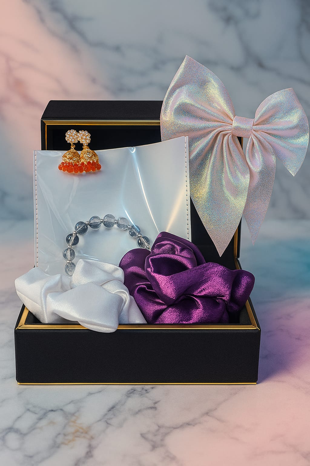 ✨ PresentsySoul Accessory Set – 1 Elegant Earring, 1 Chic Bow, 1 Stylish Bracelet & 2 Soft Scrunchies ✨