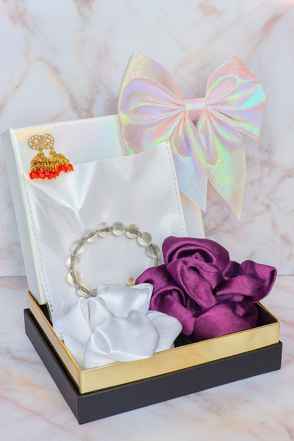 ✨ PresentsySoul Accessory Set – 1 Elegant Earring, 1 Chic Bow, 1 Stylish Bracelet & 2 Soft Scrunchies ✨