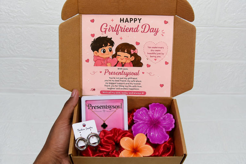 Happy Girlfriend Day Gift Hamper for Her | Necklace, Earrings, Hair Accessories & Scrunchies | Romantic Gift Box | PresentsySoul