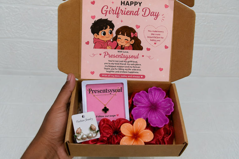 Romantic Girlfriend Day Gift Hamper for Her | Necklace, Pearl Earrings, Flower Hair Clips & Scrunchies | Cute Love Gift Box