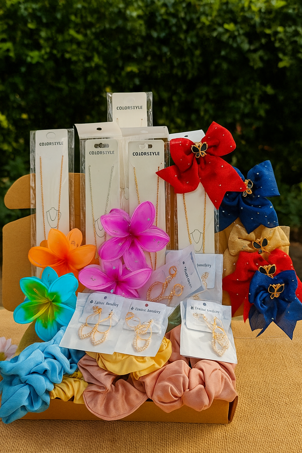 ✨ PresentsySoul Premium Accessory Hamper – A complete style set featuring 10 scrunchies, 5 bow clips, 5 pendants, 5 claw clips & 5 earrings